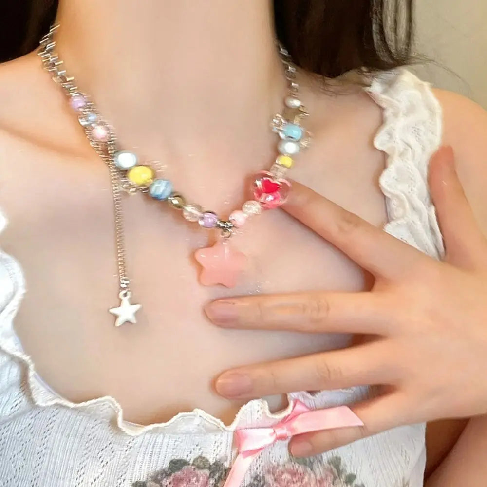 Korean Exquisite Retro Flower Love Heart Beaded Necklace For Women Personality Simple Cool Clavicle Chain Fashion Y2K Jewelry