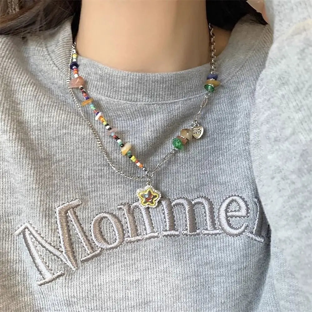 Korean Exquisite Retro Flower Love Heart Beaded Necklace For Women Personality Simple Cool Clavicle Chain Fashion Y2K Jewelry