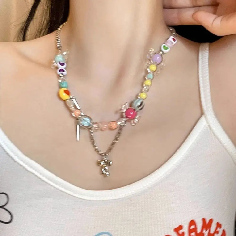 Korean Exquisite Retro Flower Love Heart Beaded Necklace For Women Personality Simple Cool Clavicle Chain Fashion Y2K Jewelry