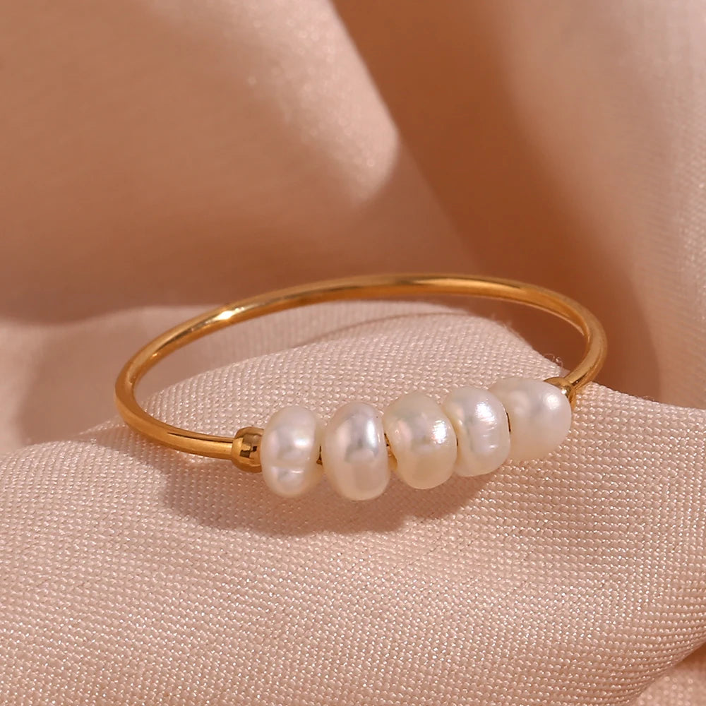 E.B.belle Gold Plated Stainless Steel Freshwater Pearls Rings For Women accesorios para mujer bagues acier inoxydables femmes