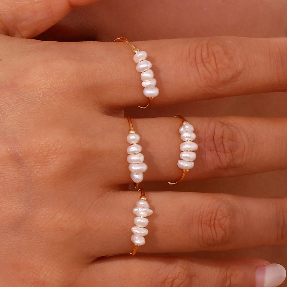 E.B.belle Gold Plated Stainless Steel Freshwater Pearls Rings For Women accesorios para mujer bagues acier inoxydables femmes