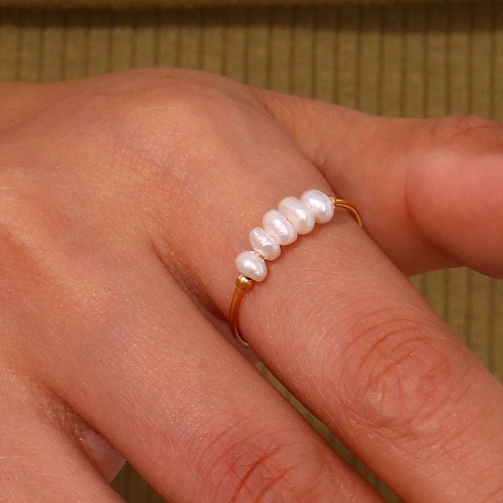 E.B.belle Gold Plated Stainless Steel Freshwater Pearls Rings For Women accesorios para mujer bagues acier inoxydables femmes