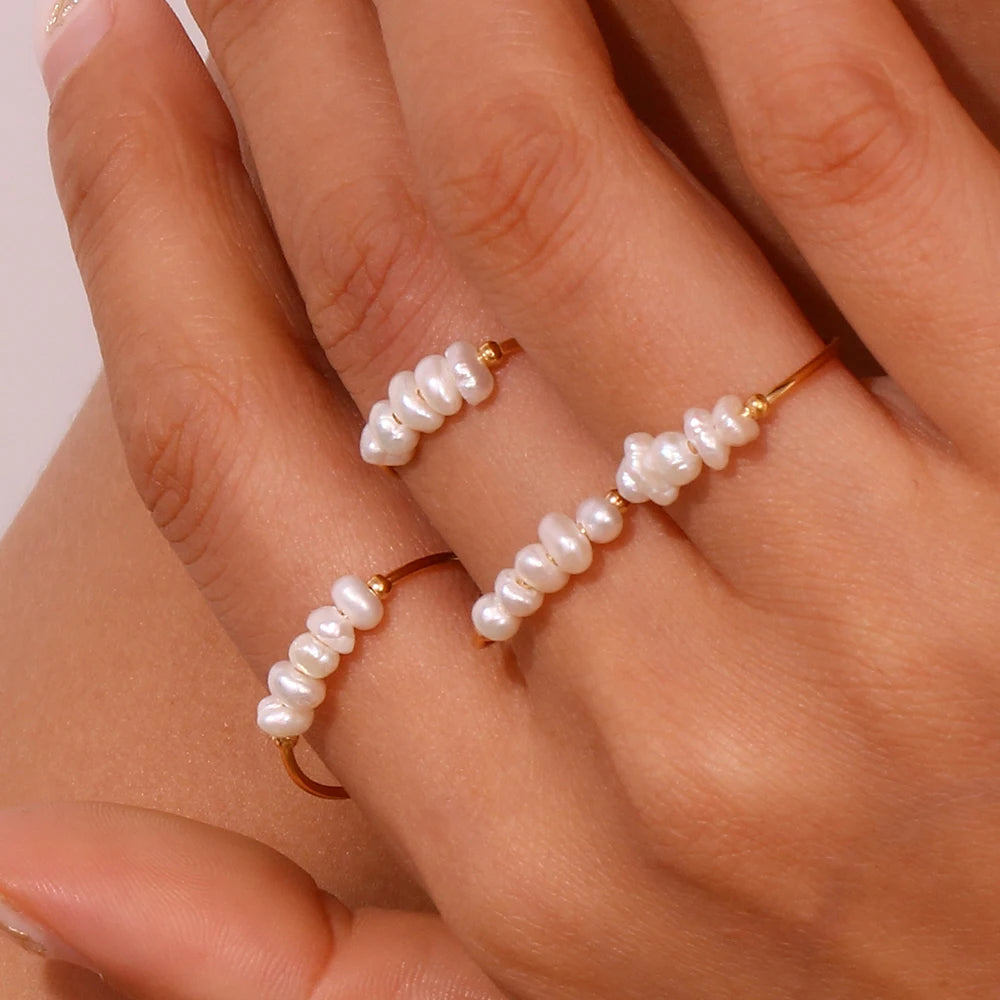 E.B.belle Gold Plated Stainless Steel Freshwater Pearls Rings For Women accesorios para mujer bagues acier inoxydables femmes