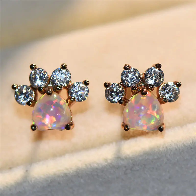 Luxury Female Crystal Zircon Stone Stud Earrings Rose Gold Color Wedding Jewelry Boho Small Dog Cat Paw Claw Earrings For Women