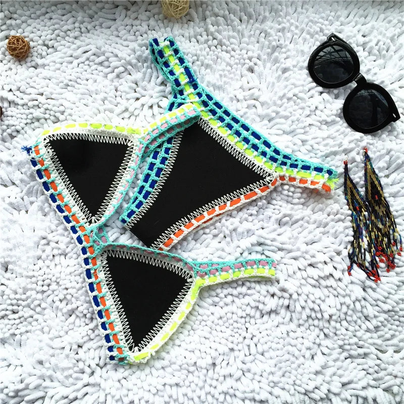 Micro Bikini 2021 Women Handmade Crochet Knit Swimwear Halter Patchwork Bathing Suit Swimsuit Biquini Thong Bikini traje de bano