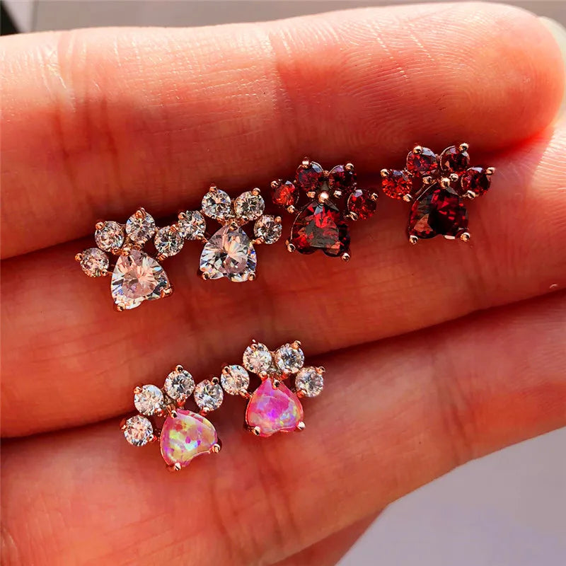 Luxury Female Crystal Zircon Stone Stud Earrings Rose Gold Color Wedding Jewelry Boho Small Dog Cat Paw Claw Earrings For Women