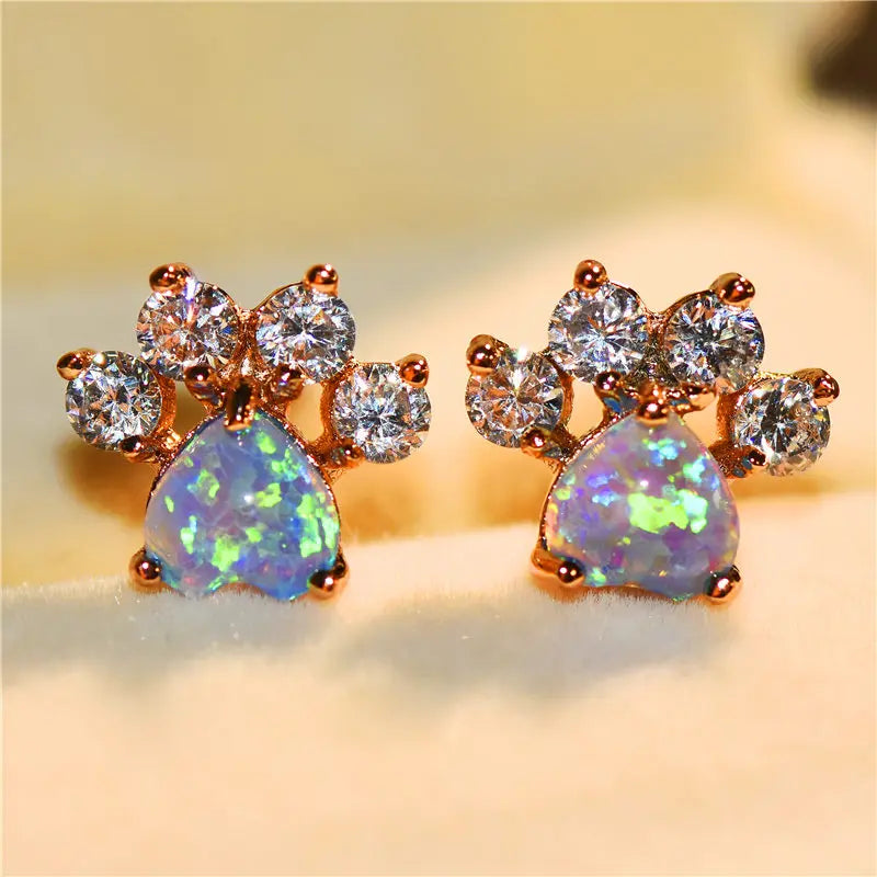 Luxury Female Crystal Zircon Stone Stud Earrings Rose Gold Color Wedding Jewelry Boho Small Dog Cat Paw Claw Earrings For Women