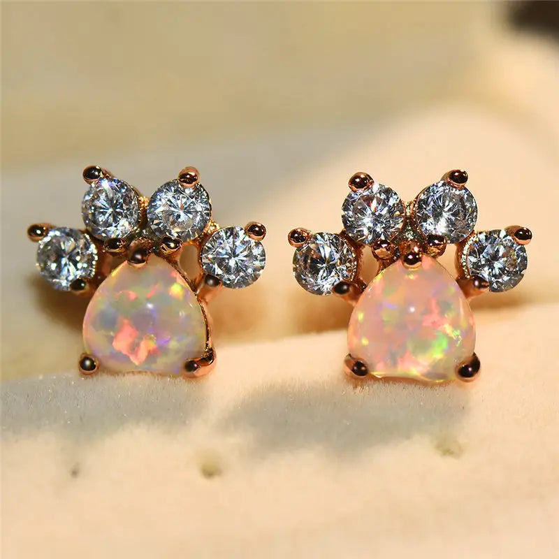 Luxury Female Crystal Zircon Stone Stud Earrings Rose Gold Color Wedding Jewelry Boho Small Dog Cat Paw Claw Earrings For Women
