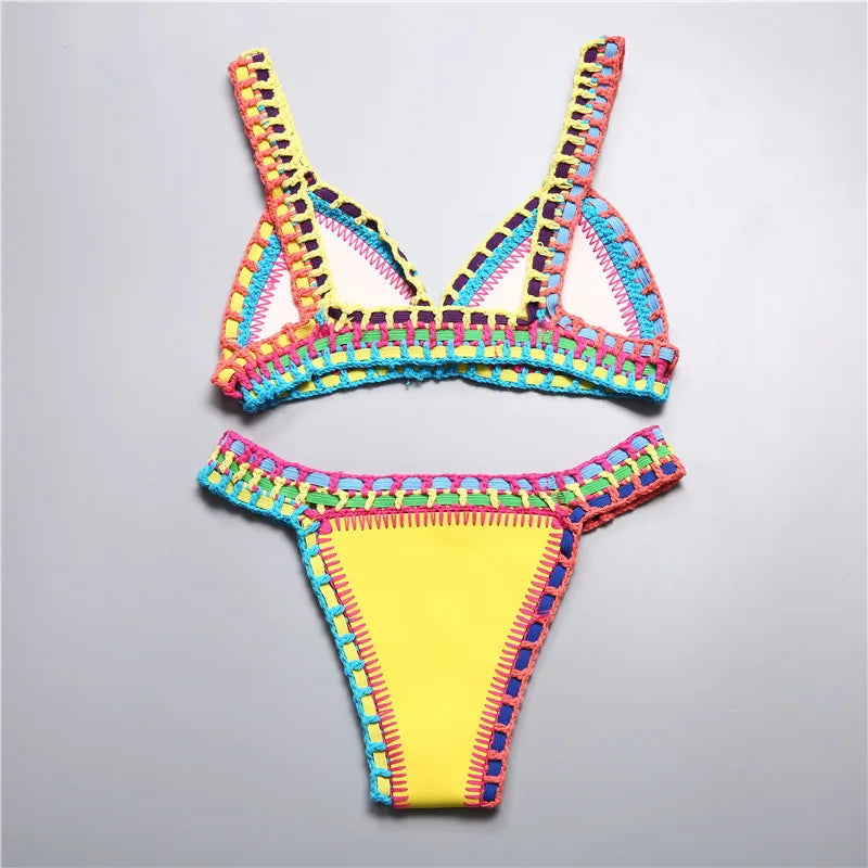 Micro Bikini 2021 Women Handmade Crochet Knit Swimwear Halter Patchwork Bathing Suit Swimsuit Biquini Thong Bikini traje de bano
