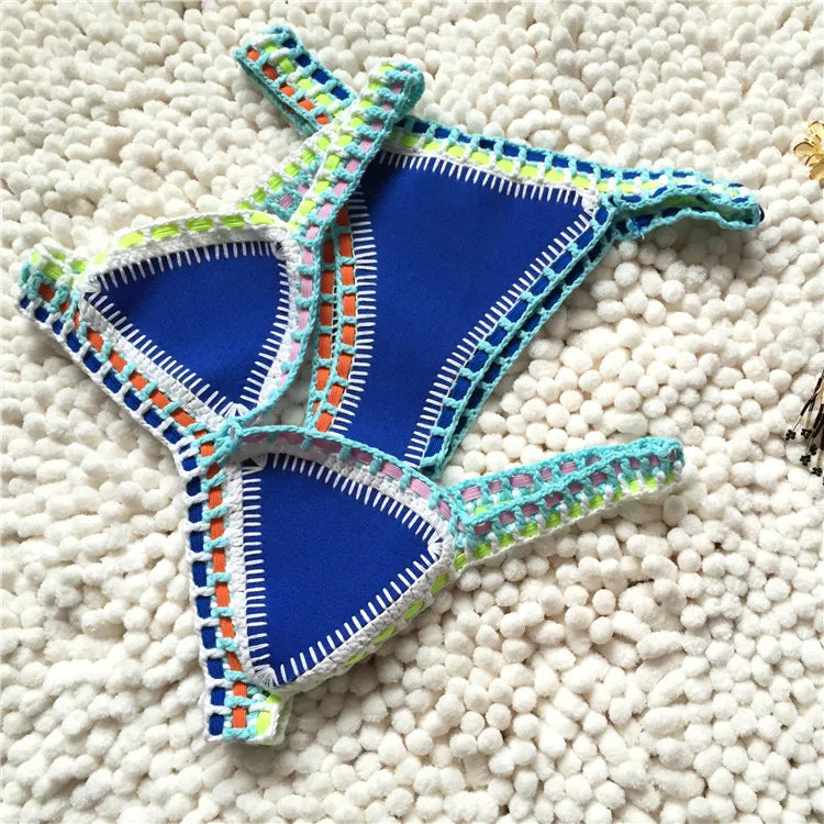 Micro Bikini 2021 Women Handmade Crochet Knit Swimwear Halter Patchwork Bathing Suit Swimsuit Biquini Thong Bikini traje de bano