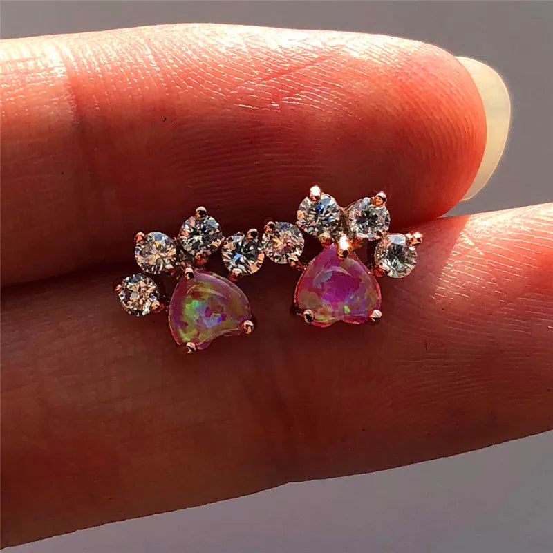 Luxury Female Crystal Zircon Stone Stud Earrings Rose Gold Color Wedding Jewelry Boho Small Dog Cat Paw Claw Earrings For Women