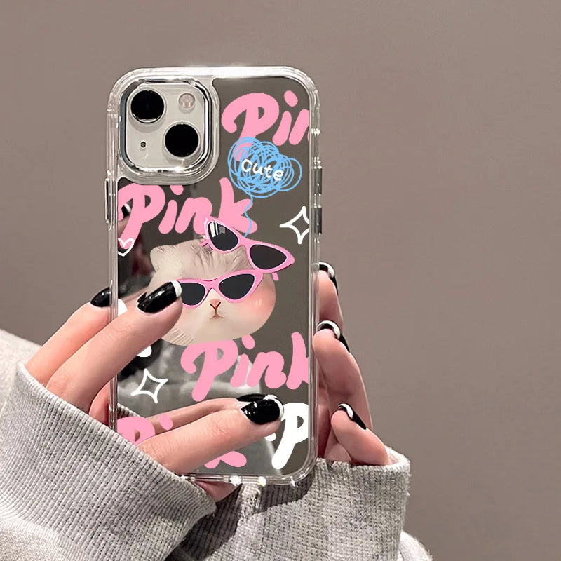 Cute Cat Pattern Mirror Phone Case For iPhone 14 Pro Max 16 15 12 13 11 XR XS Max Case Make up Mirror Hard Back Cover Bumper Bag