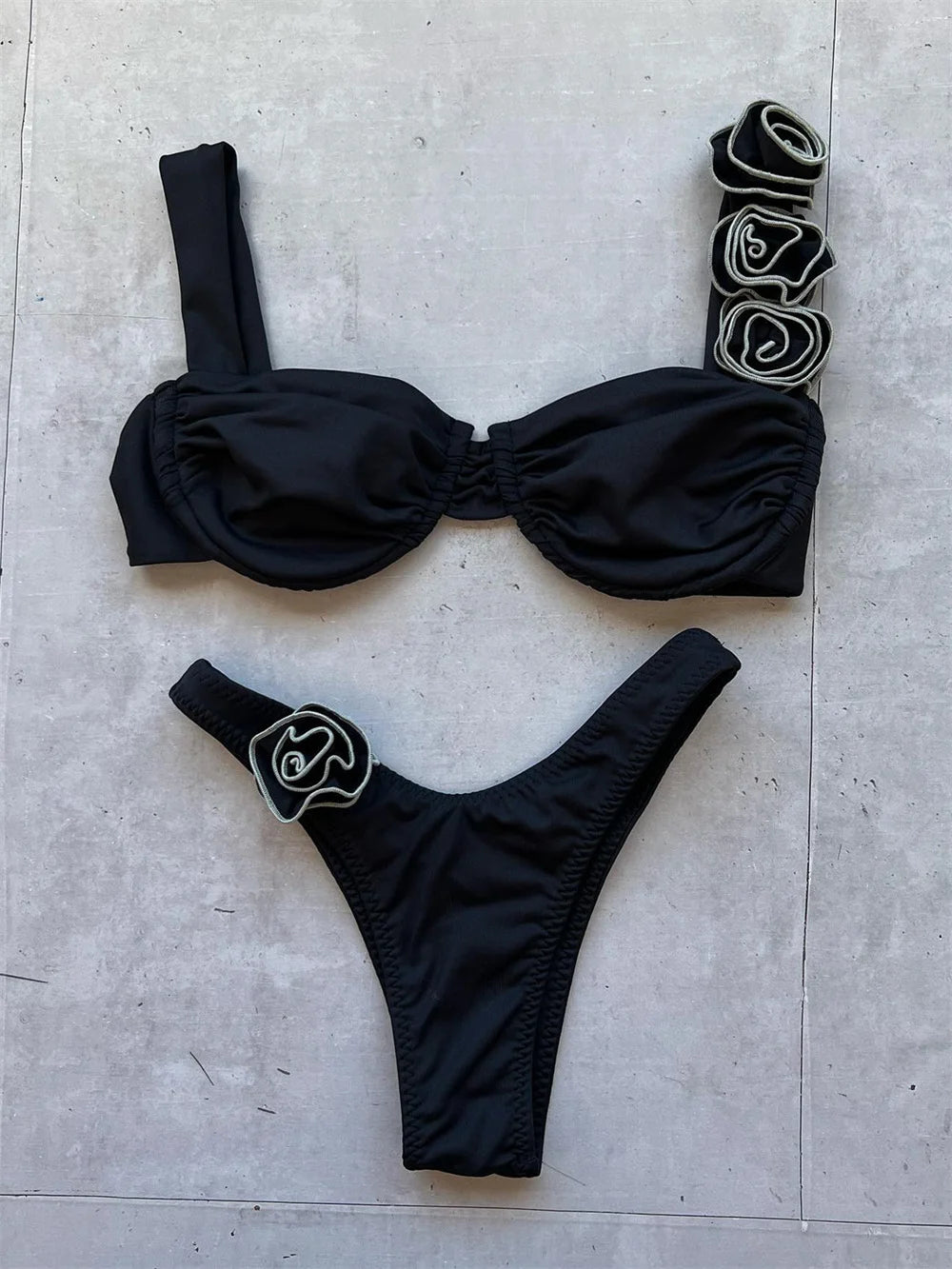 Para Praia 2024 Sexy Swimwear 3D Flower Pleated Bandeau Bikini Set Women Swimsuit Brazilian Biquini Floral Bathing Suit