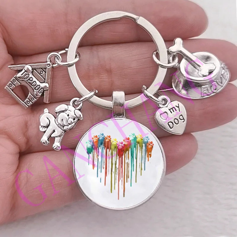 Cute Pet Dog Keychain Paw Dog Glass Cabochon KeyRing Top dog house Charms Keychains I Love my dog pendant keychain Gifts