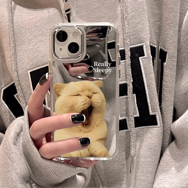 Cute Cat Pattern Mirror Phone Case For iPhone 14 Pro Max 16 15 12 13 11 XR XS Max Case Make up Mirror Hard Back Cover Bumper Bag