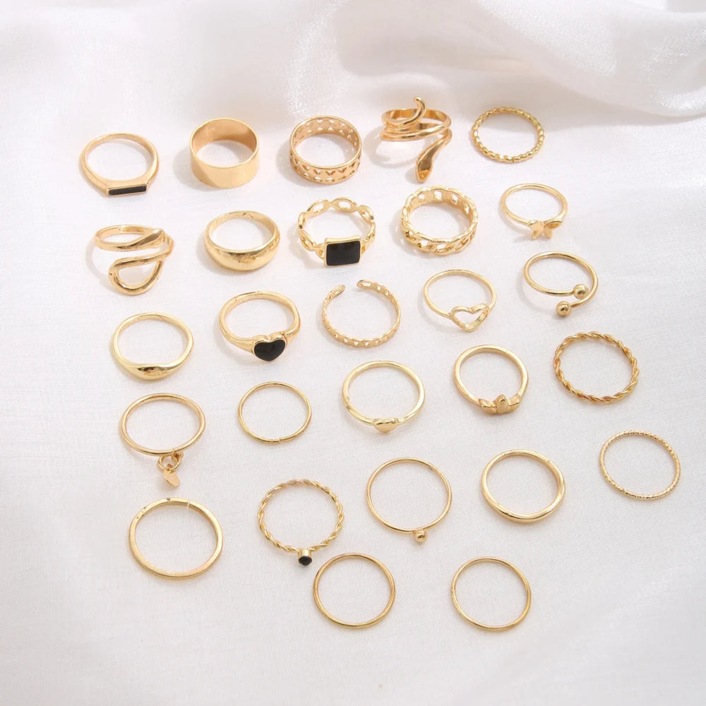 Maximum 27PCS Vintage Heart Snake Butterfly Rings Set for Women Metal Gold Plated Geometric Hollow Finger Ring Jewelry Gift New