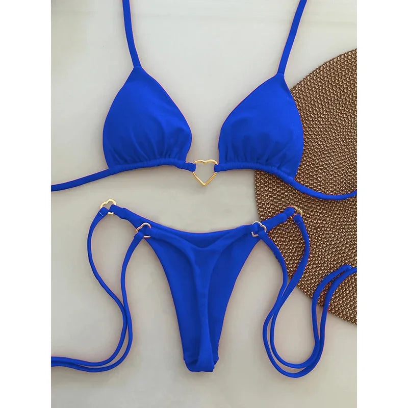 OIINAA Bathing Suit Women Sexy Solid Swimsuit Heart Metal Ring Bikini Set Drawstring Two-piece Beach Wear Lace Up Split Biquinis