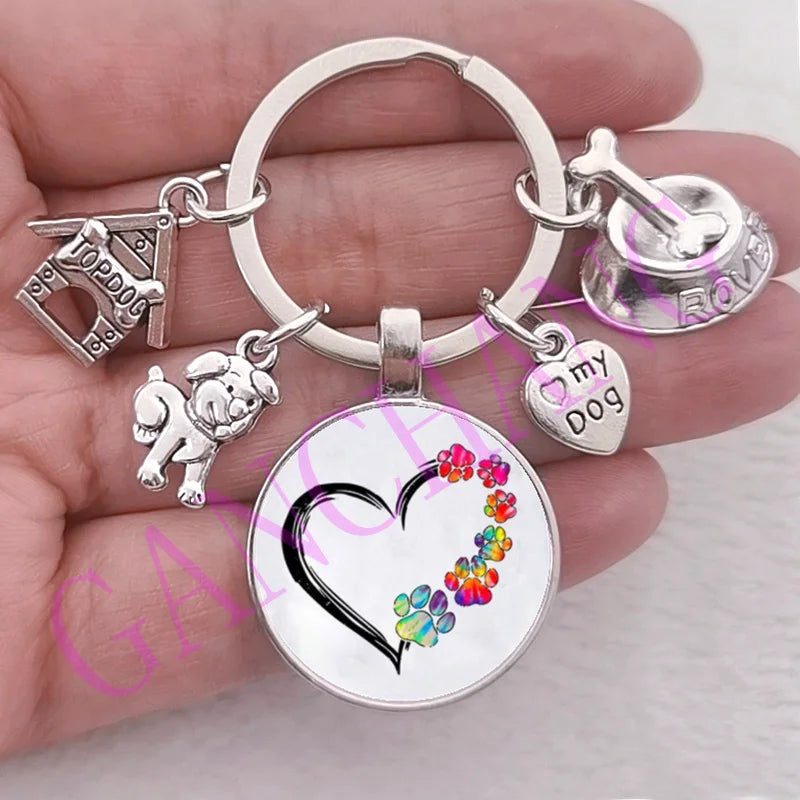 Cute Pet Dog Keychain Paw Dog Glass Cabochon KeyRing Top dog house Charms Keychains I Love my dog pendant keychain Gifts