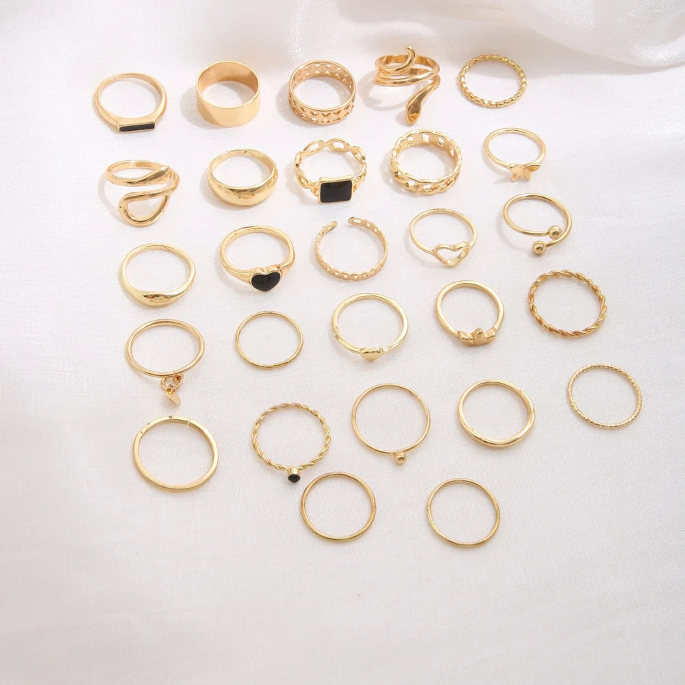 Maximum 27PCS Vintage Heart Snake Butterfly Rings Set for Women Metal Gold Plated Geometric Hollow Finger Ring Jewelry Gift New