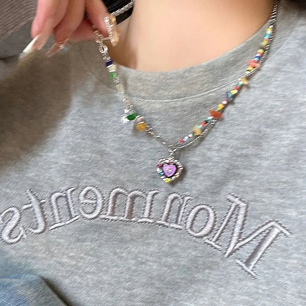 Korean Exquisite Retro Flower Love Heart Beaded Necklace For Women Personality Simple Cool Clavicle Chain Fashion Y2K Jewelry