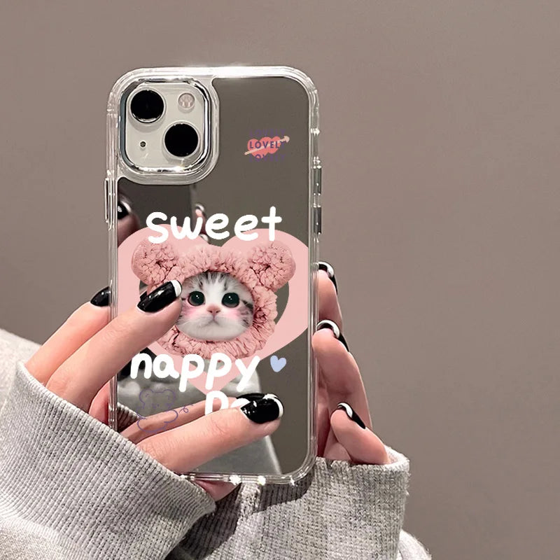 Cute Cat Pattern Mirror Phone Case For iPhone 14 Pro Max 16 15 12 13 11 XR XS Max Case Make up Mirror Hard Back Cover Bumper Bag