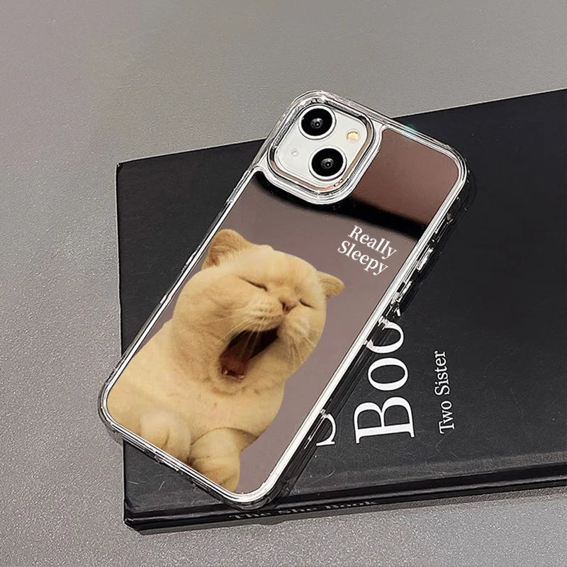 Cute Cat Pattern Mirror Phone Case For iPhone 14 Pro Max 16 15 12 13 11 XR XS Max Case Make up Mirror Hard Back Cover Bumper Bag