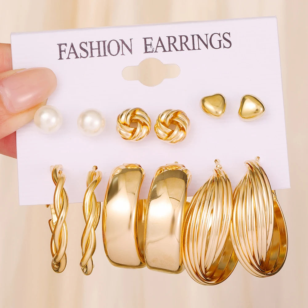 12 Piece Set Women Fashion Personality Versatile Simple Retro Gold Butterfly Love Heart Earrings Inlaid Pearl Earrings