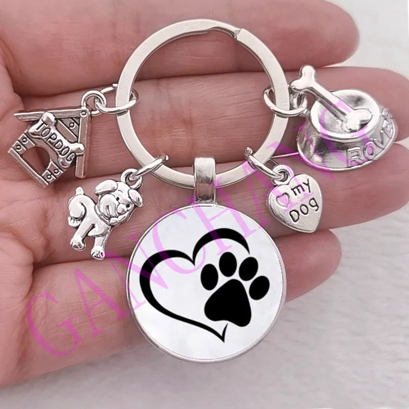 Cute Pet Dog Keychain Paw Dog Glass Cabochon KeyRing Top dog house Charms Keychains I Love my dog pendant keychain Gifts