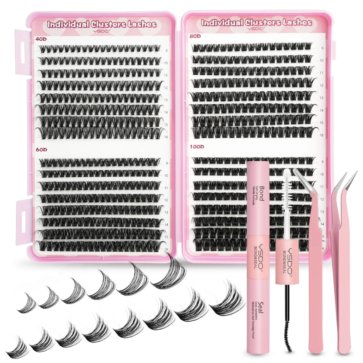 Individual Lashes C/D Curl DIY False Eyelashes Makeup Lash Clusters Set Eyelash Extension Kit Lashes Bond and Seal Make Up Tool