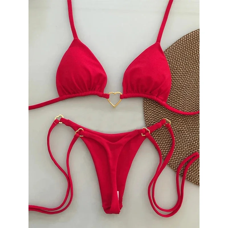 OIINAA Bathing Suit Women Sexy Solid Swimsuit Heart Metal Ring Bikini Set Drawstring Two-piece Beach Wear Lace Up Split Biquinis