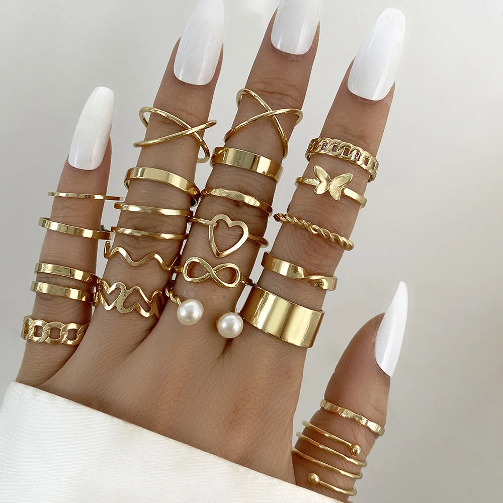 Maximum 27PCS Vintage Heart Snake Butterfly Rings Set for Women Metal Gold Plated Geometric Hollow Finger Ring Jewelry Gift New