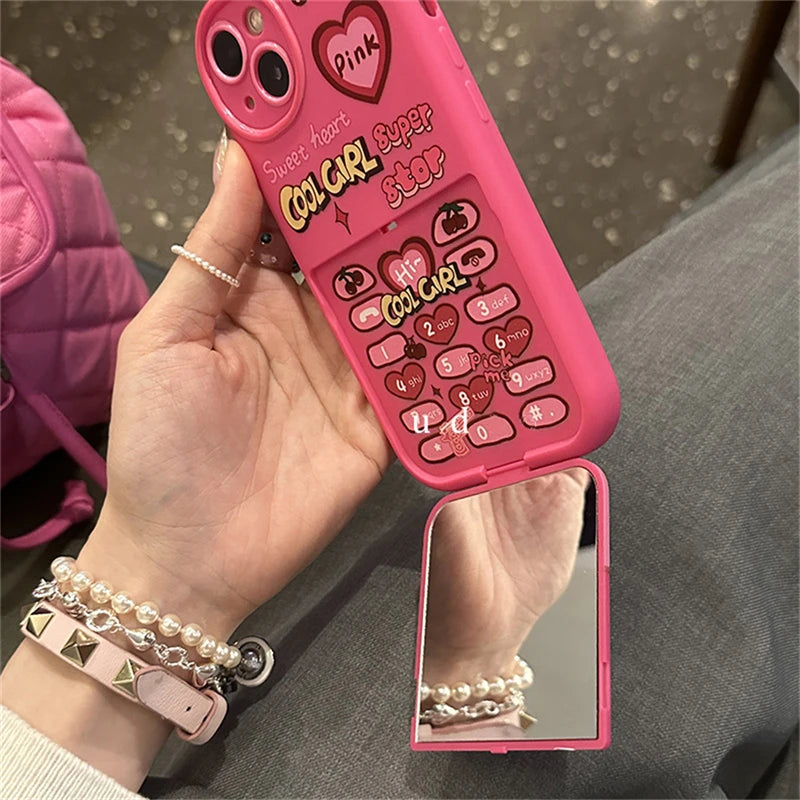 Ins Korean Retro Y2k Cherry Heart 3D Pink Make Up Mirror Case For iPhone 16 15 14 13 12 11 Pro Max Plain Shockproof Soft Cover