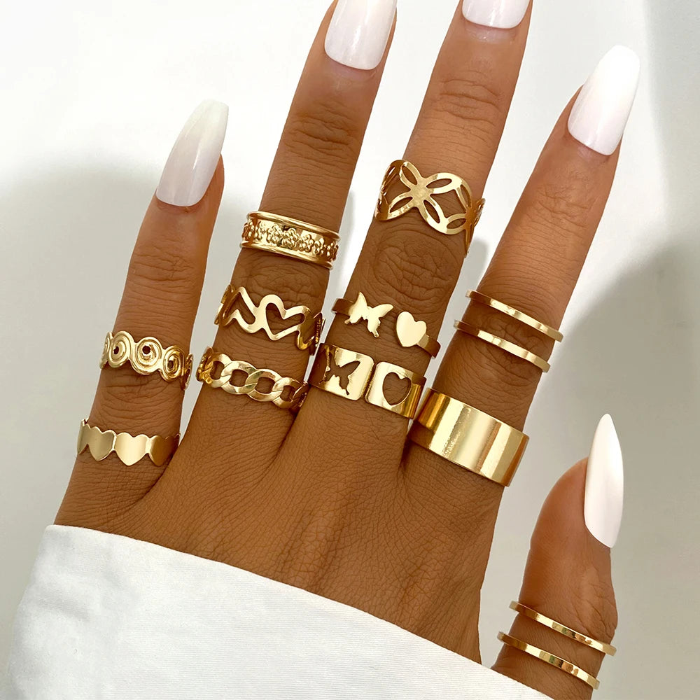 Maximum 27PCS Vintage Heart Snake Butterfly Rings Set for Women Metal Gold Plated Geometric Hollow Finger Ring Jewelry Gift New