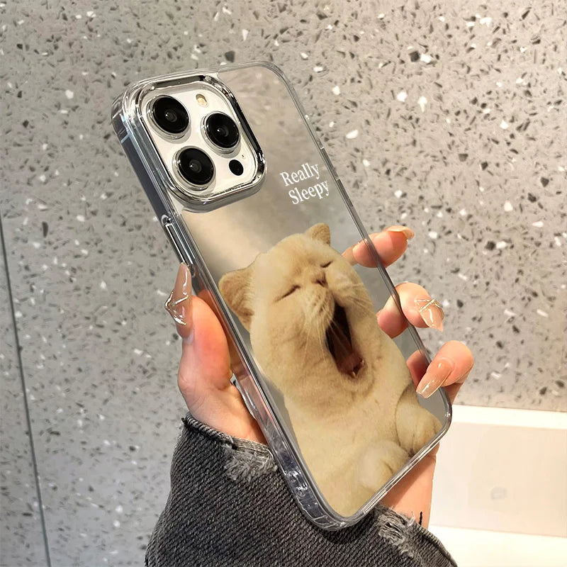Cute Cat Pattern Mirror Phone Case For iPhone 14 Pro Max 16 15 12 13 11 XR XS Max Case Make up Mirror Hard Back Cover Bumper Bag