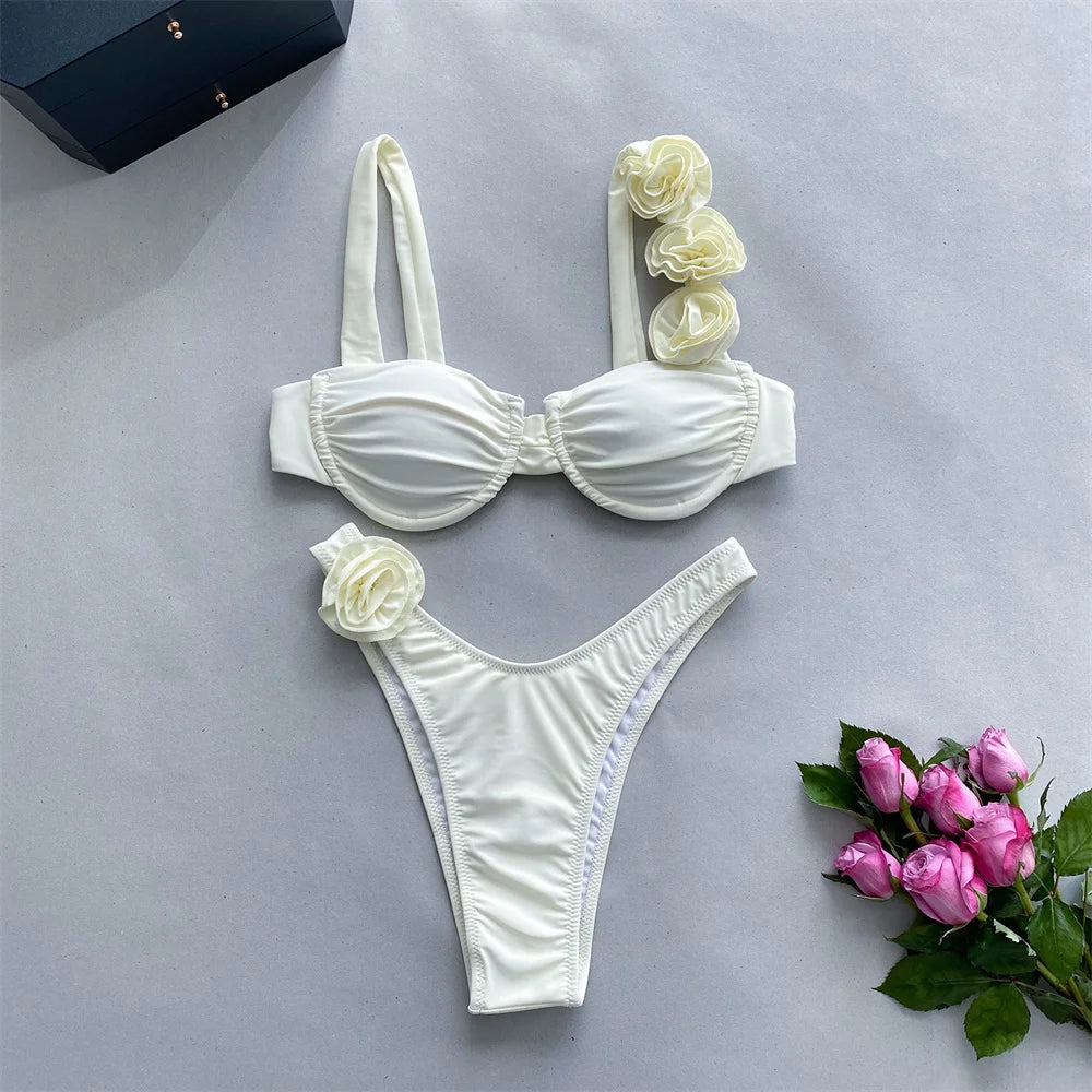 Para Praia 2024 Sexy Swimwear 3D Flower Pleated Bandeau Bikini Set Women Swimsuit Brazilian Biquini Floral Bathing Suit