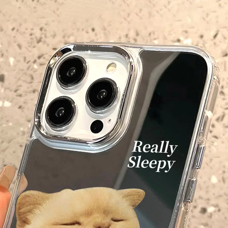 Cute Cat Pattern Mirror Phone Case For iPhone 14 Pro Max 16 15 12 13 11 XR XS Max Case Make up Mirror Hard Back Cover Bumper Bag