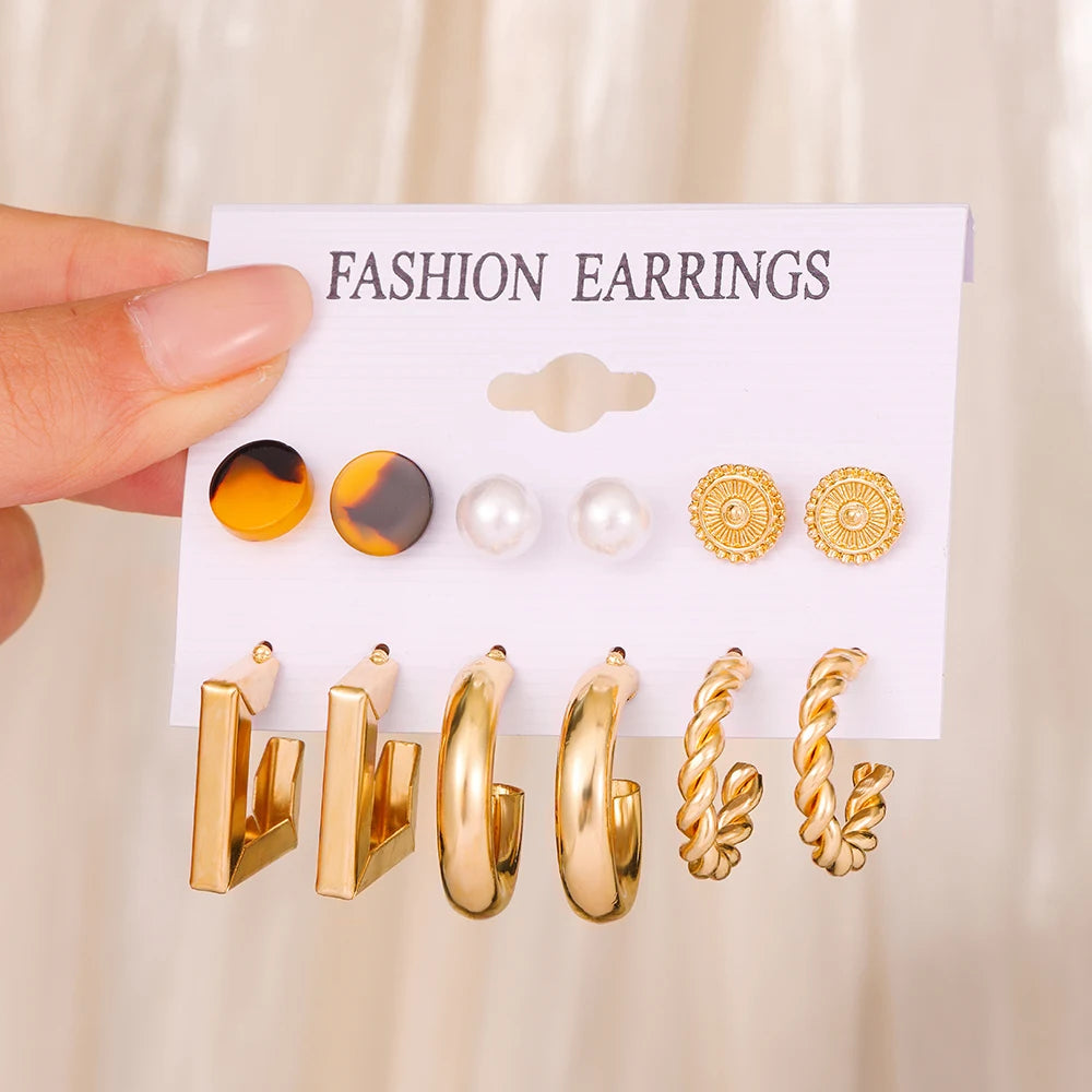 12 Piece Set Women Fashion Personality Versatile Simple Retro Gold Butterfly Love Heart Earrings Inlaid Pearl Earrings