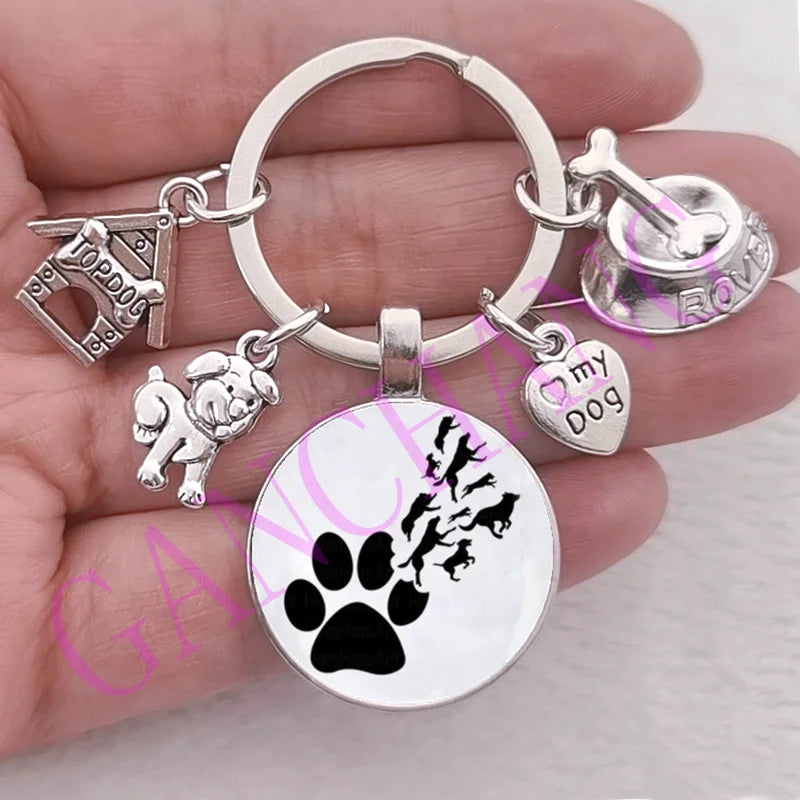 Cute Pet Dog Keychain Paw Dog Glass Cabochon KeyRing Top dog house Charms Keychains I Love my dog pendant keychain Gifts