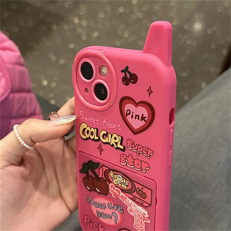 Ins Korean Retro Y2k Cherry Heart 3D Pink Make Up Mirror Case For iPhone 16 15 14 13 12 11 Pro Max Plain Shockproof Soft Cover
