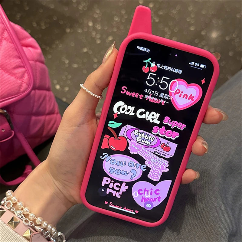 Ins Korean Retro Y2k Cherry Heart 3D Pink Make Up Mirror Case For iPhone 16 15 14 13 12 11 Pro Max Plain Shockproof Soft Cover