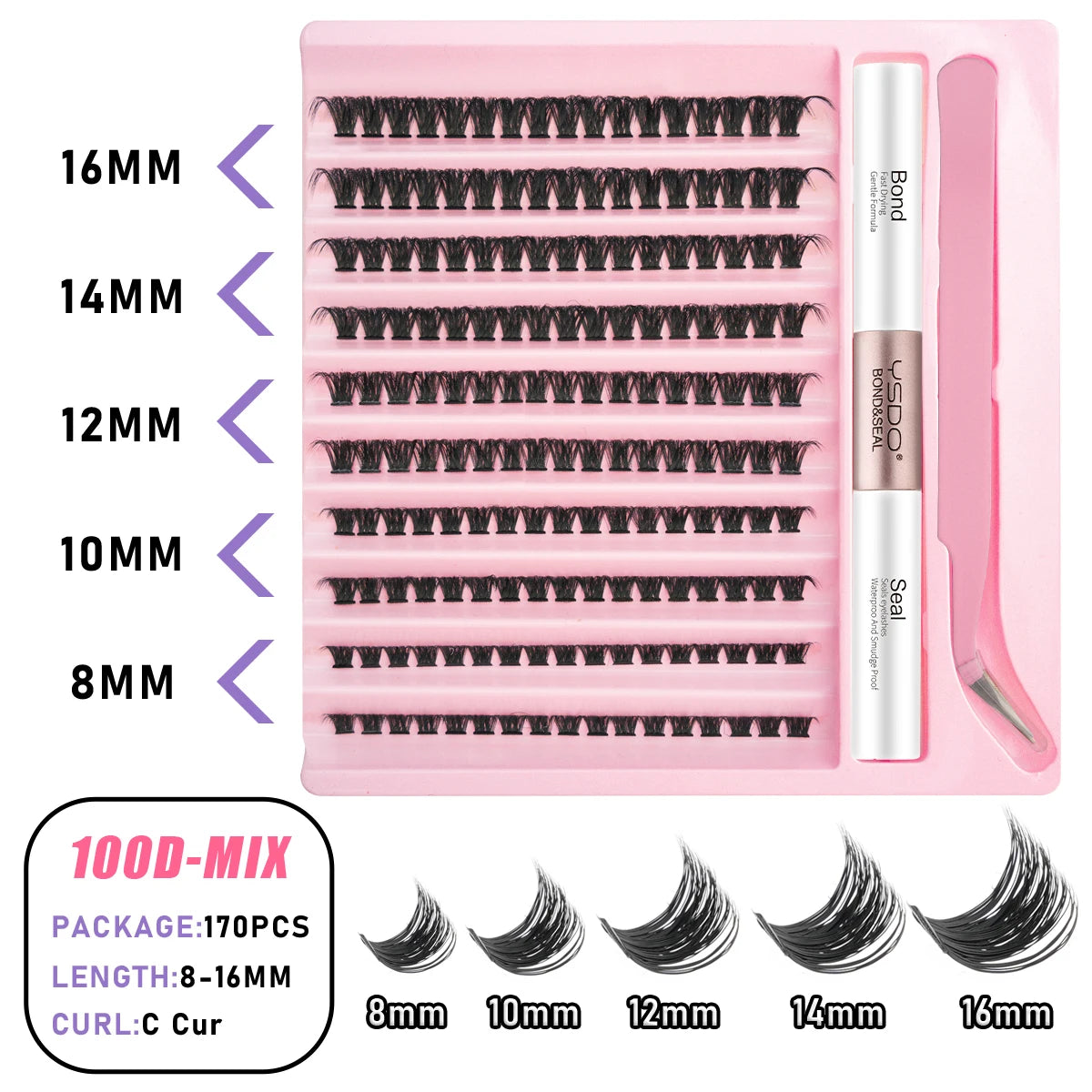 Individual Lashes C/D Curl DIY False Eyelashes Makeup Lash Clusters Set Eyelash Extension Kit Lashes Bond and Seal Make Up Tool