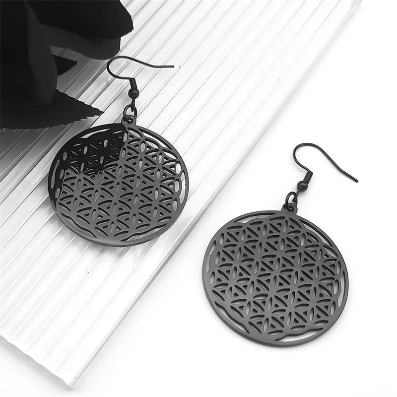 Flower of Life Stainless Steel Mandala Metatron Hoop Earrings for Women Sacred Round Long Black Dangle Earrings Jewerly  E450