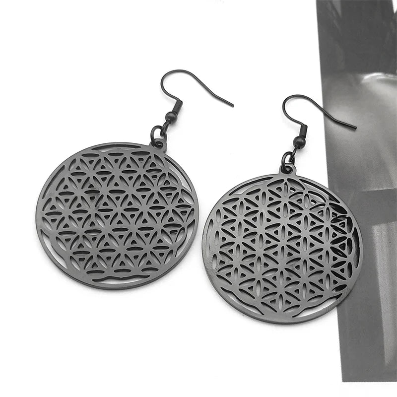 Flower of Life Stainless Steel Mandala Metatron Hoop Earrings for Women Sacred Round Long Black Dangle Earrings Jewerly  E450