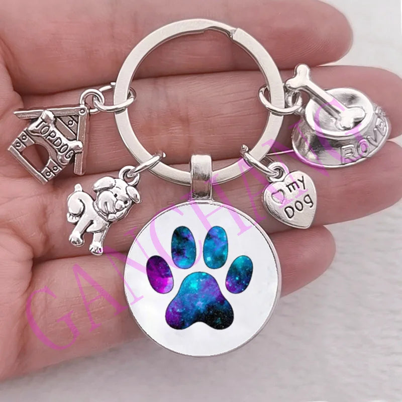 Cute Pet Dog Keychain Paw Dog Glass Cabochon KeyRing Top dog house Charms Keychains I Love my dog pendant keychain Gifts