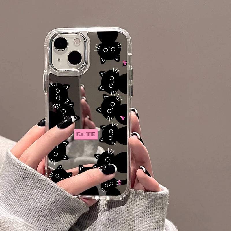 Cute Cat Pattern Mirror Phone Case For iPhone 14 Pro Max 16 15 12 13 11 XR XS Max Case Make up Mirror Hard Back Cover Bumper Bag