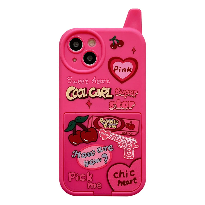 Ins Korean Retro Y2k Cherry Heart 3D Pink Make Up Mirror Case For iPhone 16 15 14 13 12 11 Pro Max Plain Shockproof Soft Cover