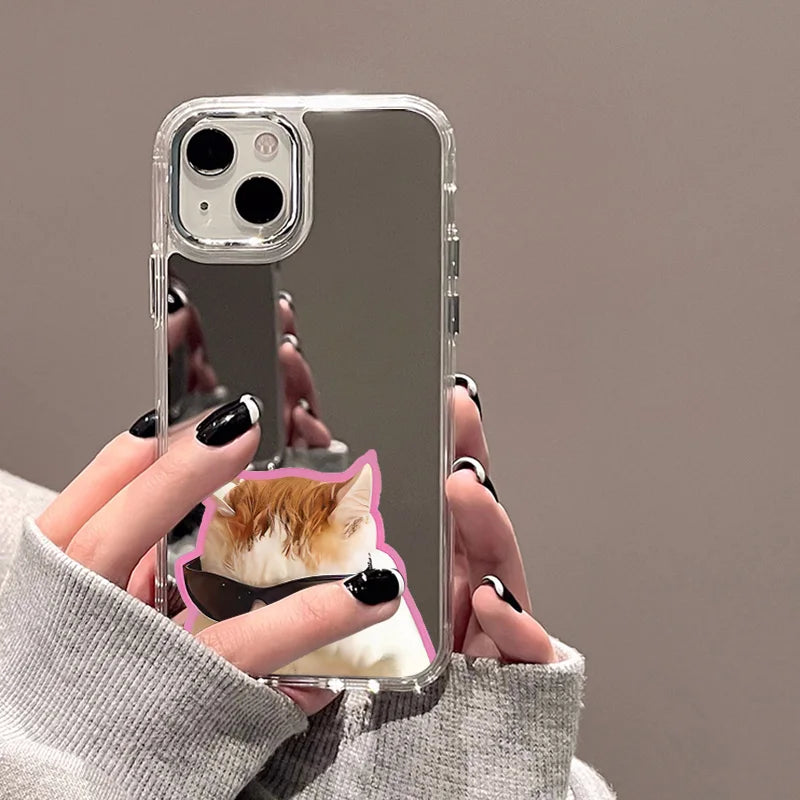 Cute Cat Pattern Mirror Phone Case For iPhone 14 Pro Max 16 15 12 13 11 XR XS Max Case Make up Mirror Hard Back Cover Bumper Bag