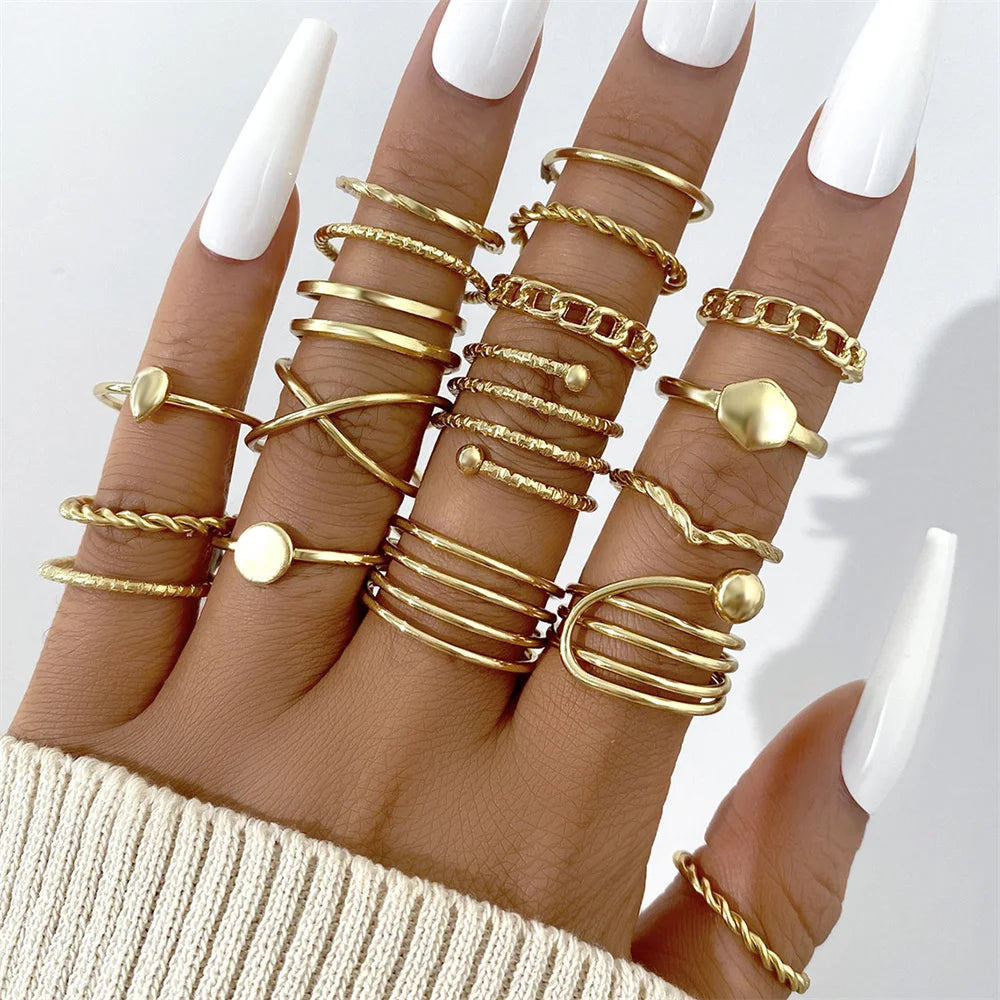 Maximum 27PCS Vintage Heart Snake Butterfly Rings Set for Women Metal Gold Plated Geometric Hollow Finger Ring Jewelry Gift New
