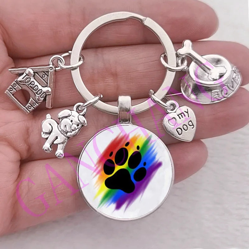 Cute Pet Dog Keychain Paw Dog Glass Cabochon KeyRing Top dog house Charms Keychains I Love my dog pendant keychain Gifts