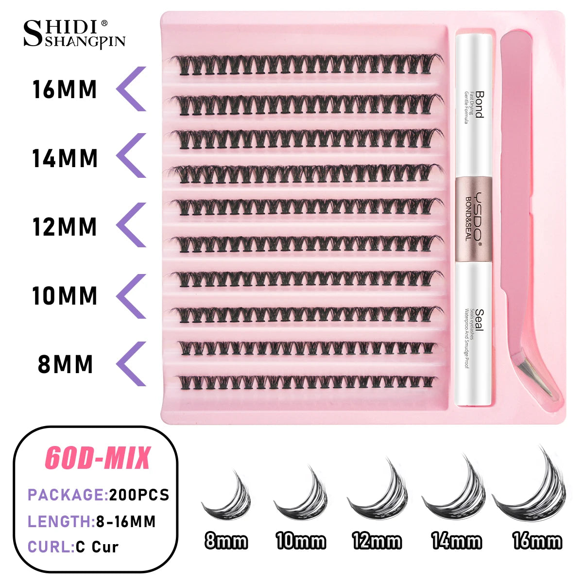Individual Lashes C/D Curl DIY False Eyelashes Makeup Lash Clusters Set Eyelash Extension Kit Lashes Bond and Seal Make Up Tool